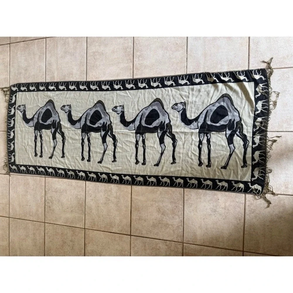 Woven Camel Tapestry Wall Hanging Desert Motif Fringe Textile Black Tan Cashmere